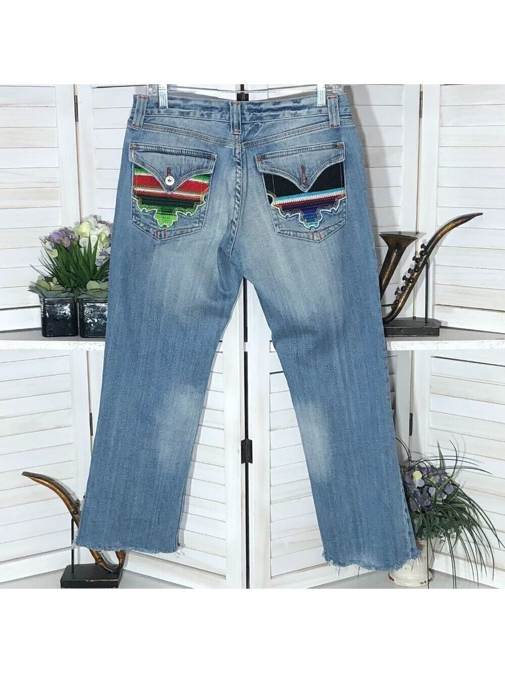 Vintage Y2K boho Jeans low waist Embroidered pockets Straight Leg Size 5